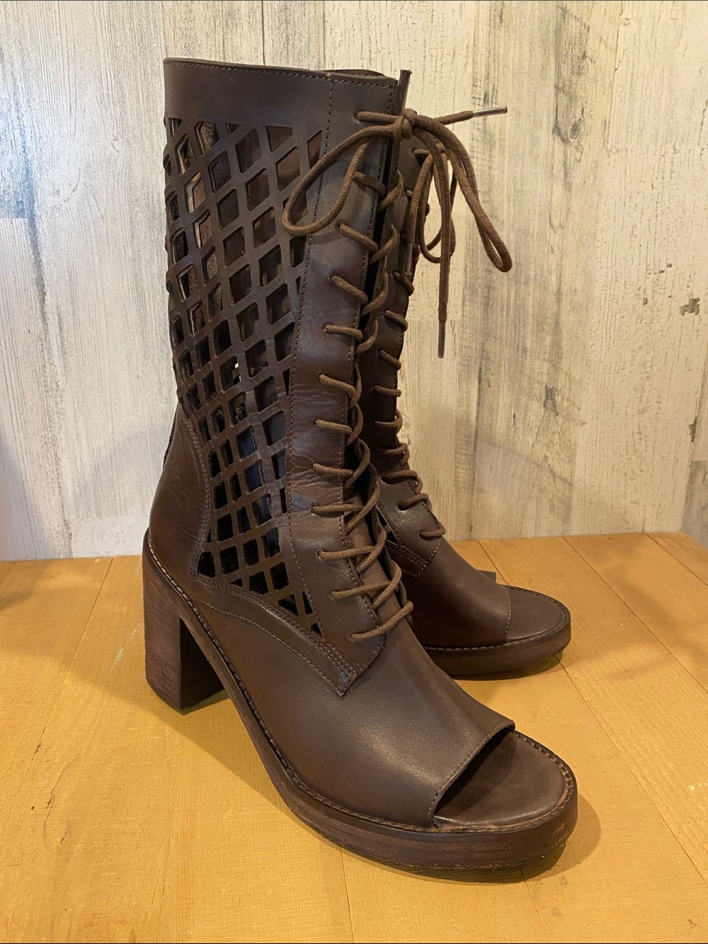 Brown Lace-Up Cutout Peep-Toe Block Heel Boots